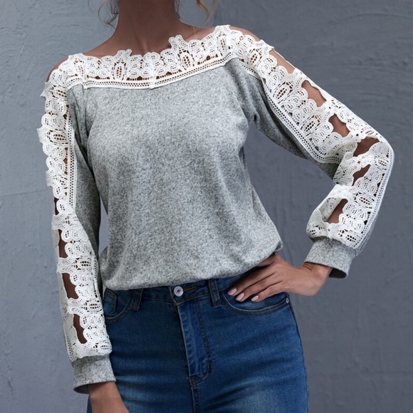 Tops - h grey lace detail open sleeve long top